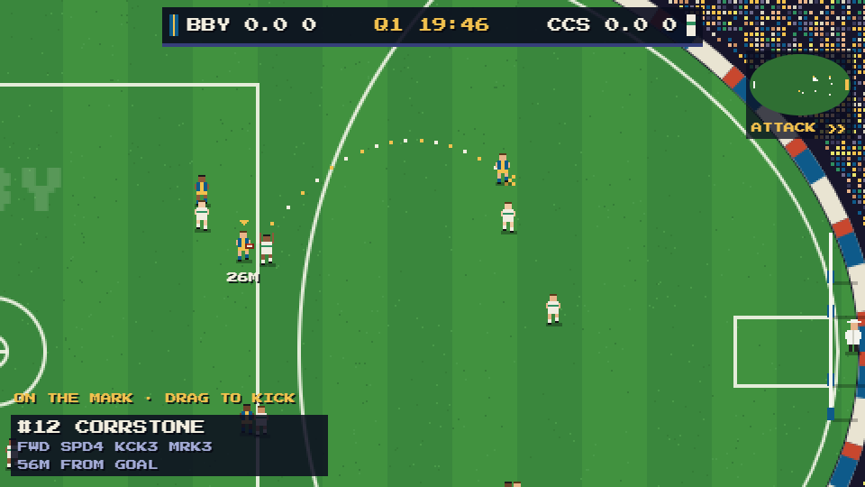 A Specky King match: a player lines up a kick while teammates lead into space on a pixel-art oval.